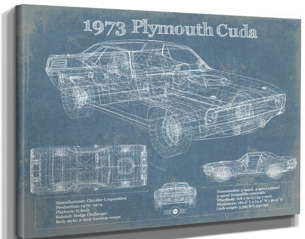 14" x 11" / Stretched Canvas Wrap Cutler West 1973 Plymouth Cuda 440 Vintage Blueprint Auto Print