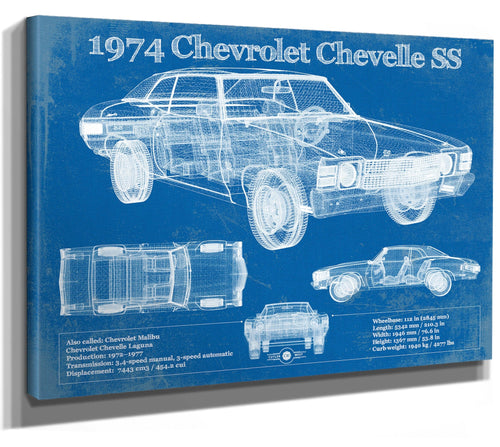 14" x 11" / Stretched Canvas Wrap Cutler West 1974 Chevrolet Chevelle SS 454 Original Blueprint Art