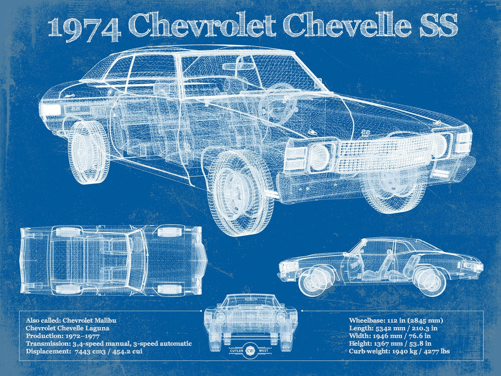 14" x 11" / Stretched Canvas Wrap Cutler West 1974 Chevrolet Chevelle SS 454 Original Blueprint Art