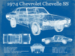 14" x 11" / Unframed Cutler West 1974 Chevrolet Chevelle SS 454 Original Blueprint Art