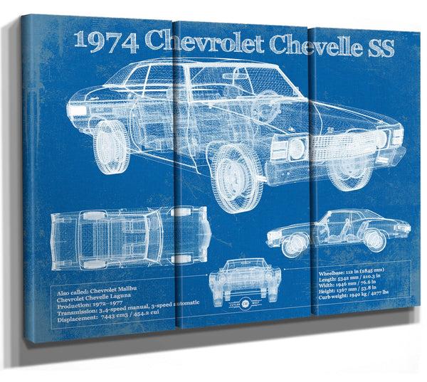 36" x 24" / 3 Panel Canvas Wrap Cutler West 1974 Chevrolet Chevelle SS 454 Original Blueprint Art