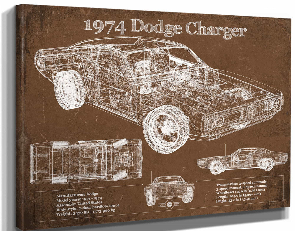 14" x 11" / Stretched Canvas Wrap Cutler West 1974 Dodge Charger Vintage Blueprint Auto Print