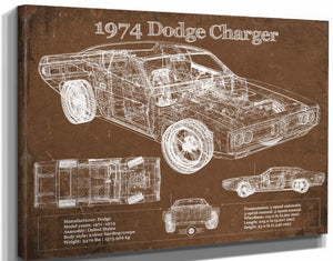 14" x 11" / Stretched Canvas Wrap Cutler West 1974 Dodge Charger Vintage Blueprint Auto Print