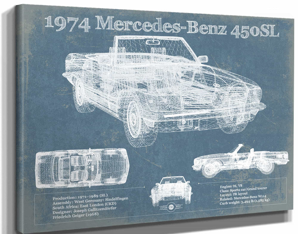 14" x 11" / Stretched Canvas Wrap Cutler West 1974 Mercedes Benz 450SL Original Blueprint Art