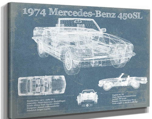 14" x 11" / Stretched Canvas Wrap Cutler West 1974 Mercedes Benz 450SL Original Blueprint Art