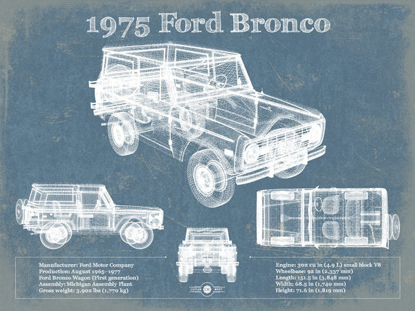 14" x 11" / Unframed Cutler West 1975 Ford Bronco Vintage Blueprint Auto Print