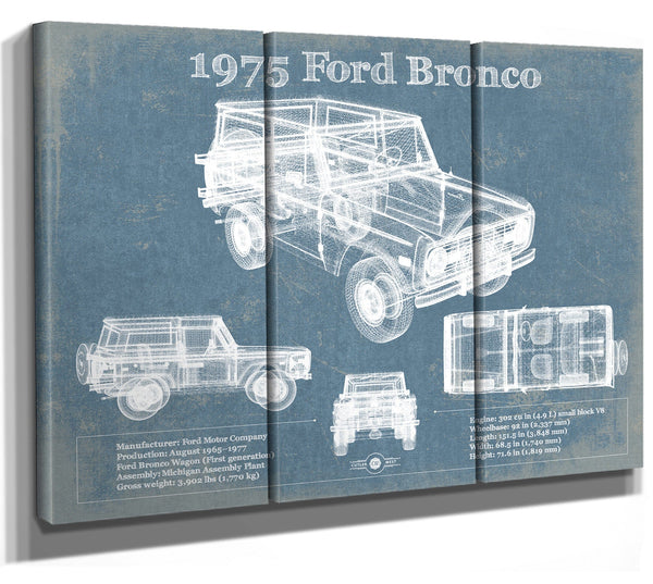 36" x 24" / 3 Panel Canvas Wrap Cutler West 1975 Ford Bronco Vintage Blueprint Auto Print