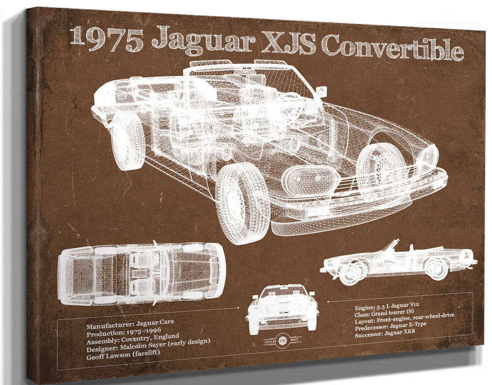 14" x 11" / Stretched Canvas Wrap Cutler West 1975 Jaguar Xjs Convertible Vintage Blueprint Auto Print