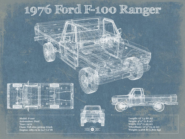 14" x 11" / Unframed Cutler West 1976 Ford F-100 Ranger Blueprint Vintage Auto Print