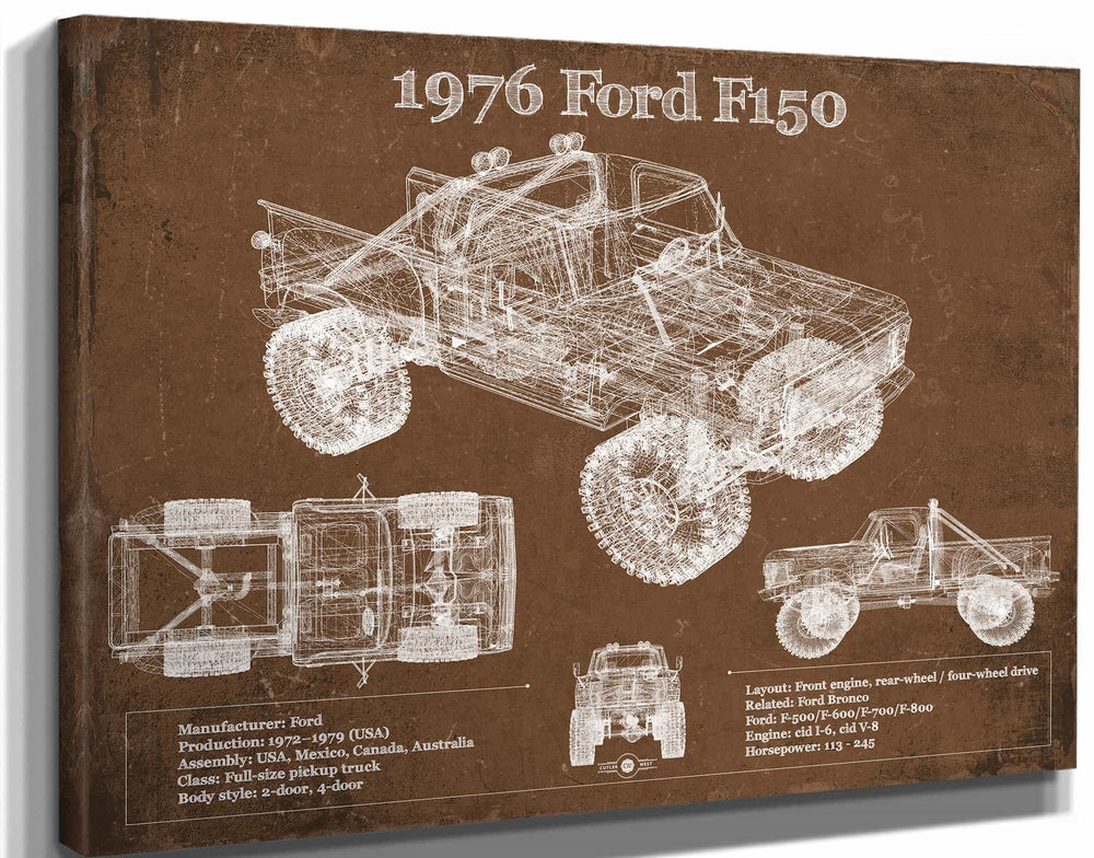 14" x 11" / Stretched Canvas Wrap Cutler West 1976 Ford F150 Highboy Truck Vintage Blueprint Auto Print