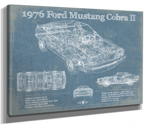 14" x 11" / Stretched Canvas Wrap Cutler West 1976 Ford Mustang Cobra II Blueprint Vintage Auto Print