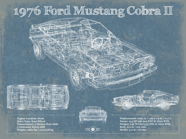 14" x 11" / Unframed Cutler West 1976 Ford Mustang Cobra II Blueprint Vintage Auto Print