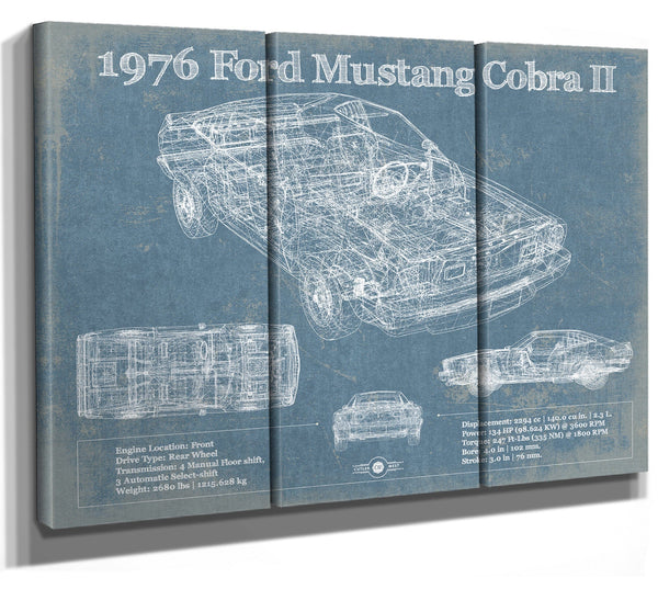 36" x 24" / 3 Panel Canvas Wrap Cutler West 1976 Ford Mustang Cobra II Blueprint Vintage Auto Print