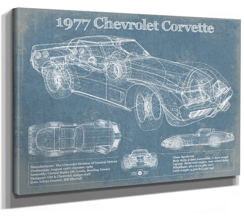 14" x 11" / Stretched Canvas Wrap Cutler West 1977 Chevrolet Corvette Blueprint Vintage Auto Print