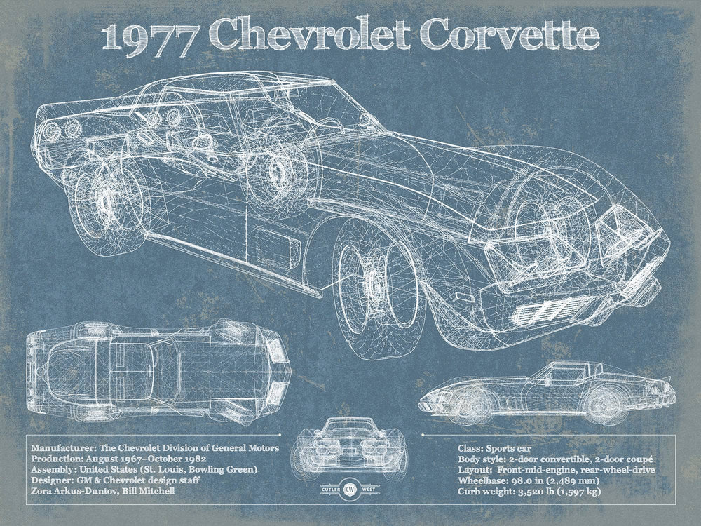 14" x 11" / Stretched Canvas Wrap Cutler West 1977 Chevrolet Corvette Blueprint Vintage Auto Print