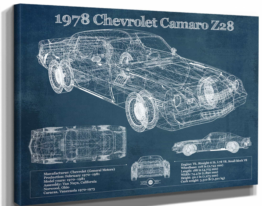 14" x 11" / Stretched Canvas Wrap Cutler West 1978 Chevrolet Camaro Z28 Blueprint Vintage Auto Patent Print