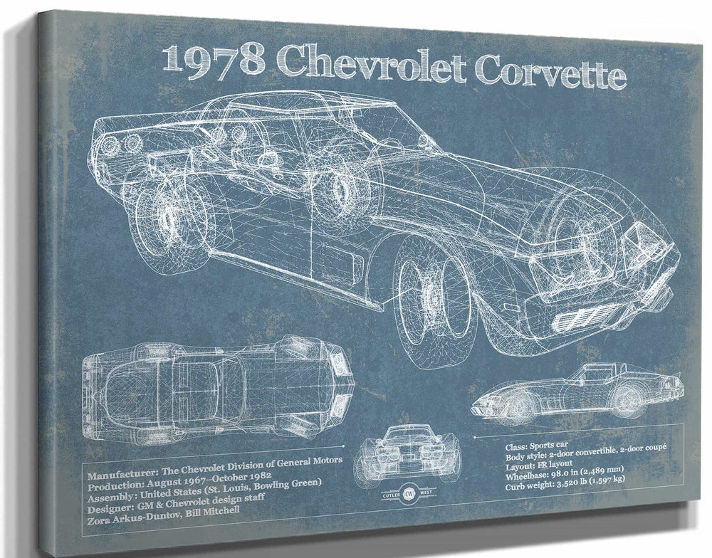 14" x 11" / Stretched Canvas Wrap Cutler West 1978 Chevrolet Corvette Blueprint Vintage Auto Print