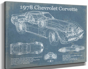 14" x 11" / Stretched Canvas Wrap Cutler West 1978 Chevrolet Corvette Blueprint Vintage Auto Print