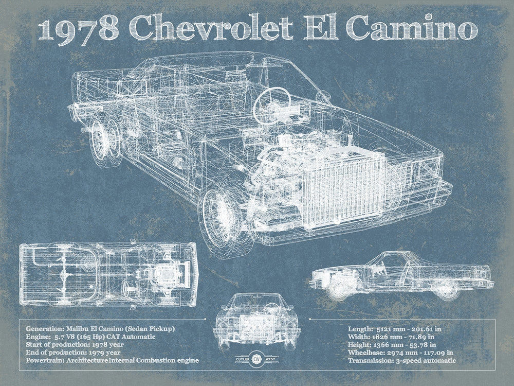 14" x 11" / Stretched Canvas Wrap Cutler West 1978 Chevrolet El Camino Vintage Blueprint Auto Print