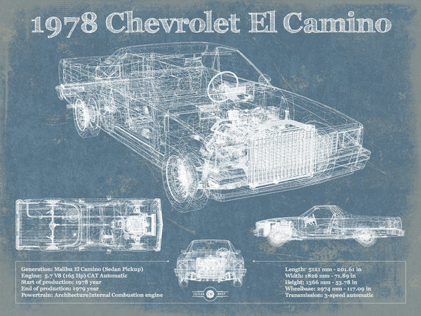14" x 11" / Unframed Cutler West 1978 Chevrolet El Camino Vintage Blueprint Auto Print