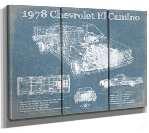 36" x 24" / 3 Panel Canvas Wrap Cutler West 1978 Chevrolet El Camino Vintage Blueprint Auto Print