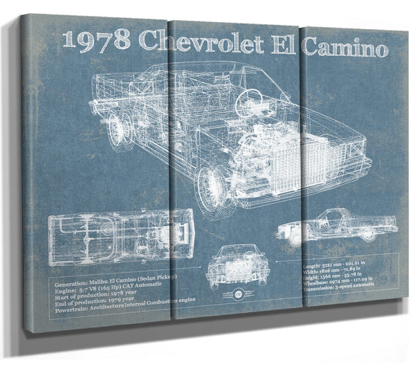 36" x 24" / 3 Panel Canvas Wrap Cutler West 1978 Chevrolet El Camino Vintage Blueprint Auto Print