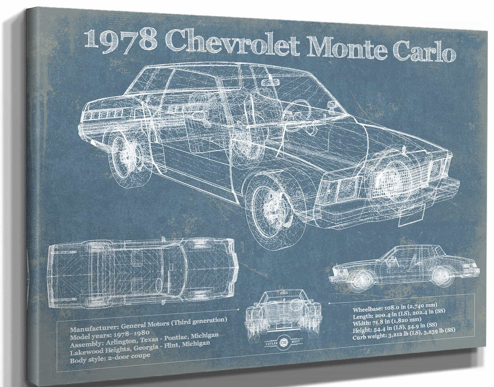 14" x 11" / Stretched Canvas Wrap Cutler West 1978 Chevrolet Monte Carlo Blueprint Vintage Auto Patent Print