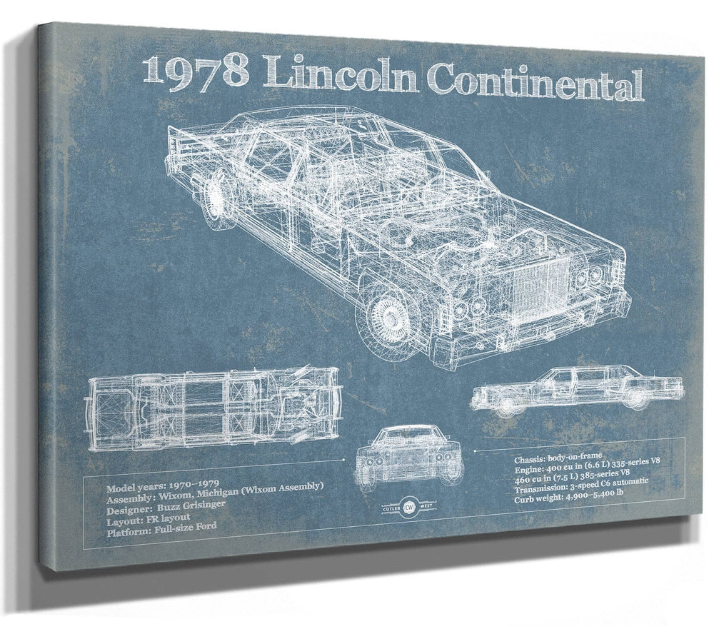 14" x 11" / Stretched Canvas Wrap Cutler West 1978 Lincoln Continental Vintage Blueprint Auto Print