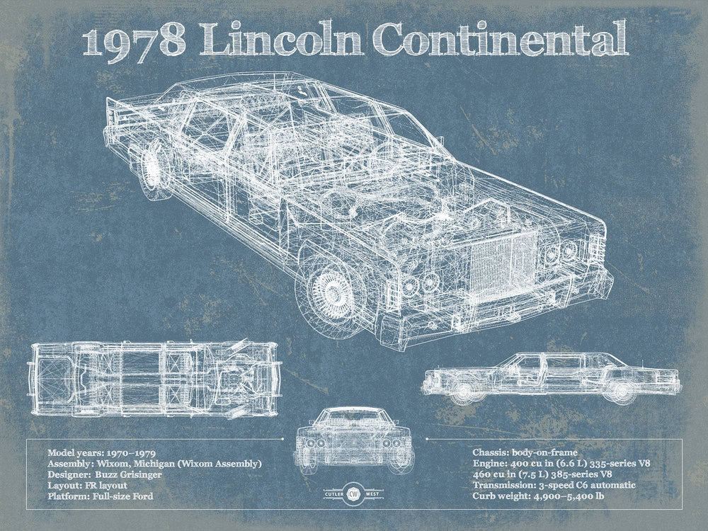 14" x 11" / Stretched Canvas Wrap Cutler West 1978 Lincoln Continental Vintage Blueprint Auto Print