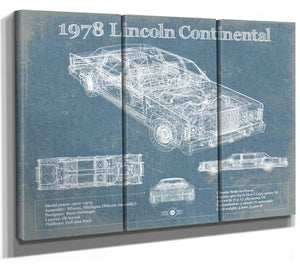 36" x 24" / 3 Panel Canvas Wrap Cutler West 1978 Lincoln Continental Vintage Blueprint Auto Print