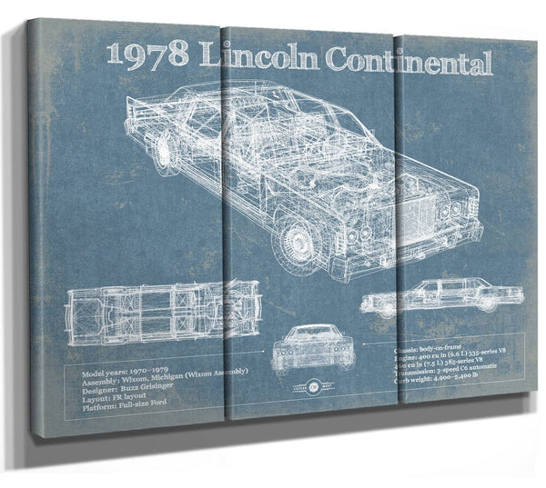 36" x 24" / 3 Panel Canvas Wrap Cutler West 1978 Lincoln Continental Vintage Blueprint Auto Print