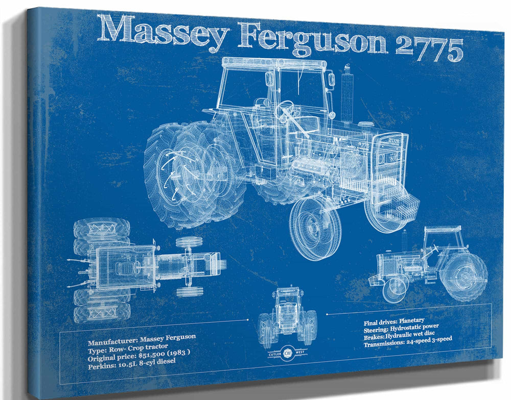 14" x 11" / Stretched Canvas Wrap Cutler West 1978 Massey Ferguson 2775 Tractor Vintage Blueprint Auto Print