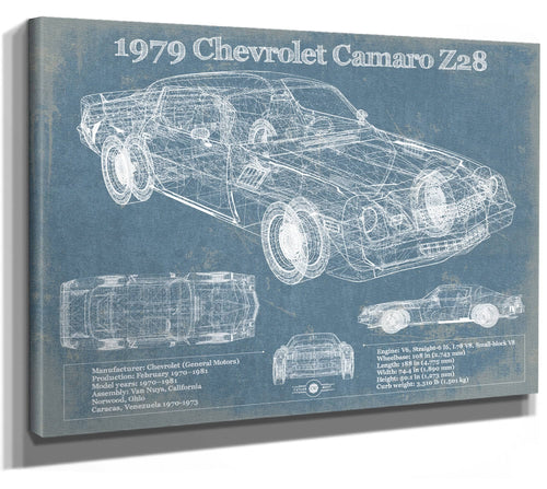 14" x 11" / Stretched Canvas Wrap Cutler West 1979 Chevrolet Camaro Z28 Blueprint Vintage Auto Patent Print