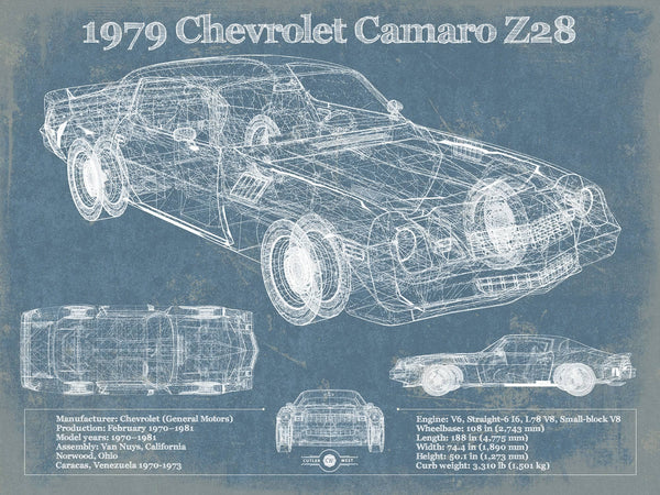 14" x 11" / Unframed Cutler West 1979 Chevrolet Camaro Z28 Blueprint Vintage Auto Patent Print