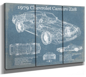 36" x 24" / 3 Panel Canvas Wrap Cutler West 1979 Chevrolet Camaro Z28 Blueprint Vintage Auto Patent Print