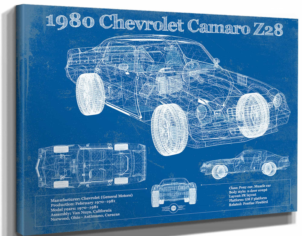 14" x 11" / Stretched Canvas Wrap Cutler West 1980 Chevrolet Camaro Z28 Vintage Blueprint Auto Print