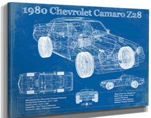 14" x 11" / Stretched Canvas Wrap Cutler West 1980 Chevrolet Camaro Z28 Vintage Blueprint Auto Print