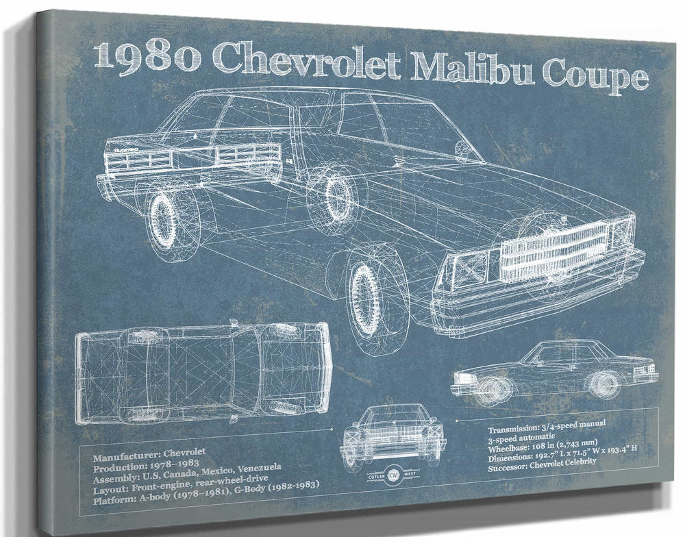 14" x 11" / Stretched Canvas Wrap Cutler West 1980 Chevrolet Malibu Coupe Blueprint Vintage Auto Patent Print