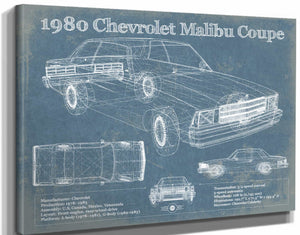14" x 11" / Stretched Canvas Wrap Cutler West 1980 Chevrolet Malibu Coupe Blueprint Vintage Auto Patent Print