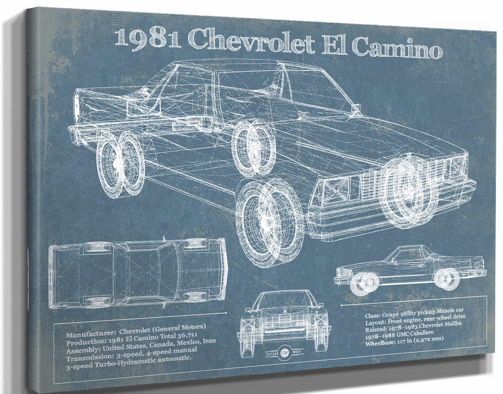14" x 11" / Stretched Canvas Wrap Cutler West 1981 Chevrolet El Camino Vintage Blueprint Auto Print