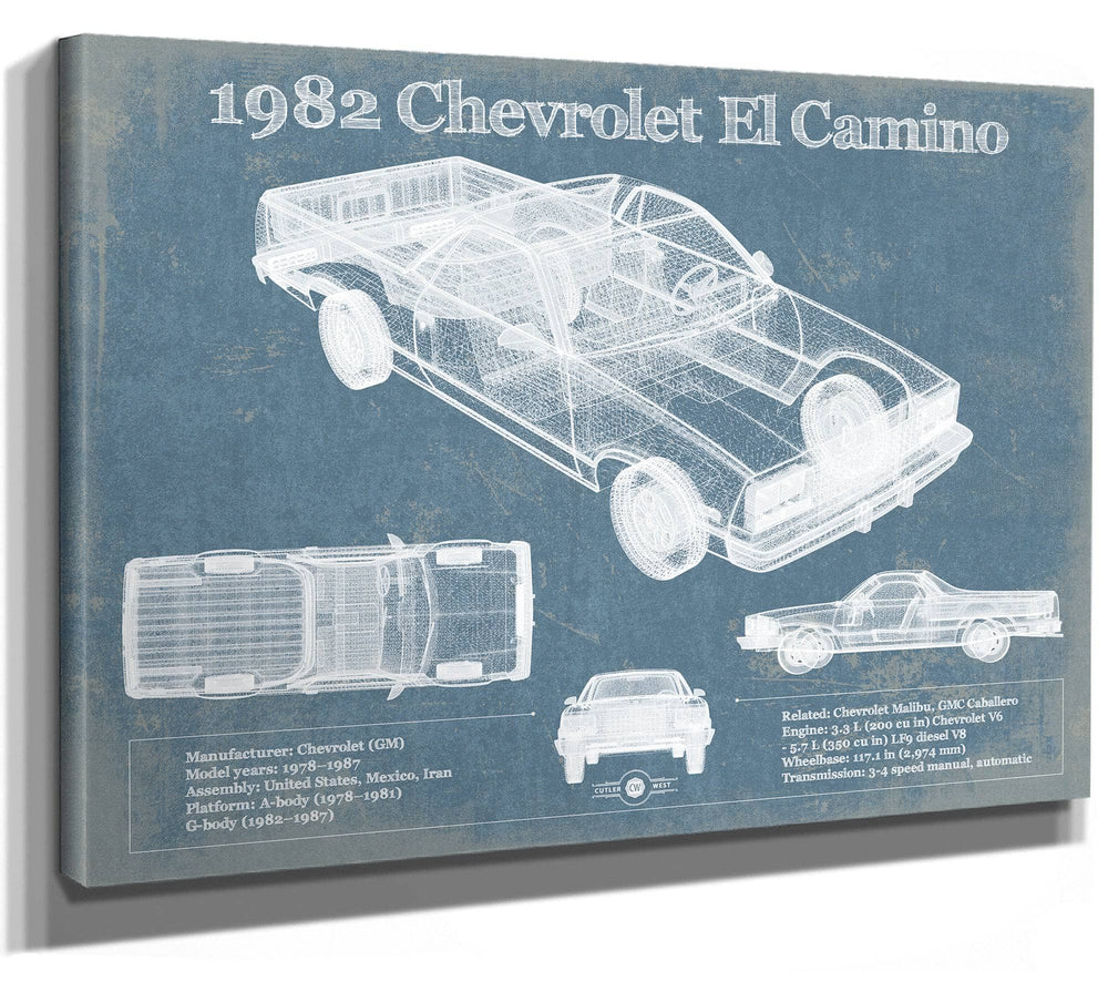 14" x 11" / Stretched Canvas Wrap Cutler West 1982 Chevrolet El Camino Vintage Blueprint Auto Print