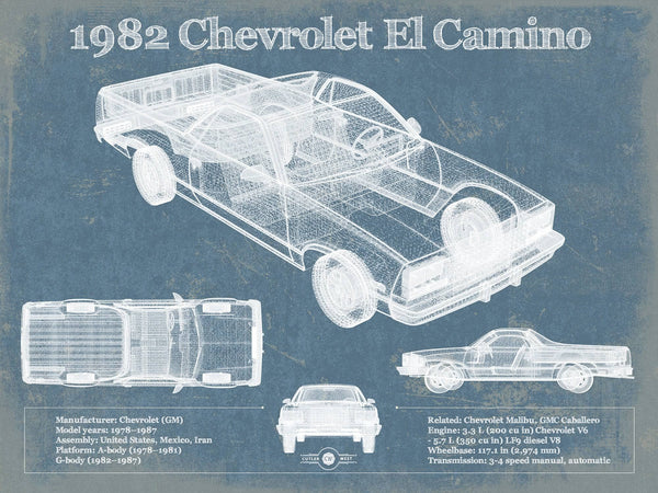 14" x 11" / Unframed Cutler West 1982 Chevrolet El Camino Vintage Blueprint Auto Print