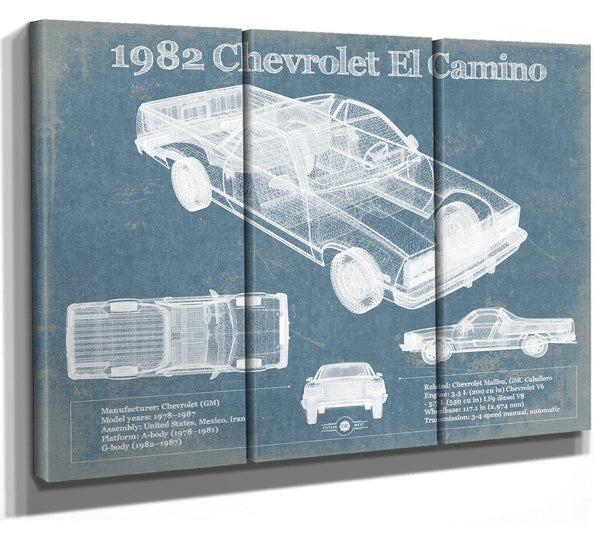 36" x 24" / 3 Panel Canvas Wrap Cutler West 1982 Chevrolet El Camino Vintage Blueprint Auto Print