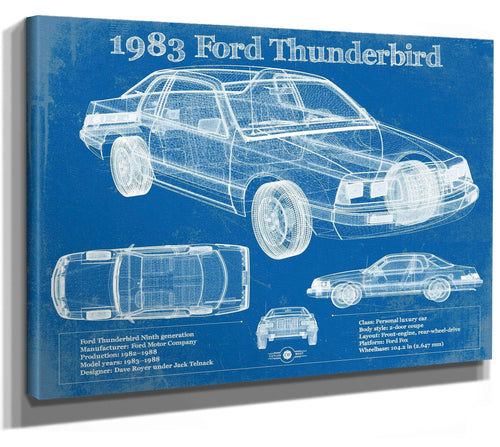 14" x 11" / Stretched Canvas Wrap Cutler West 1983 Ford Thunderbird Vintage Blueprint Auto Print
