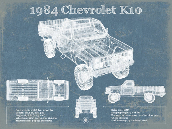 14" x 11" / Unframed Cutler West 1984 Chevrolet K10 Pickup Vintage Blueprint Auto Print