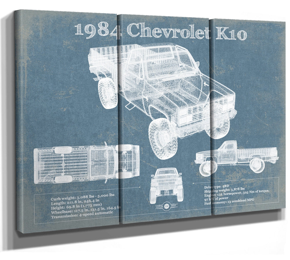 14" x 11" / Stretched Canvas Wrap Cutler West 1984 Chevrolet K10 Pickup Vintage Blueprint Auto Print