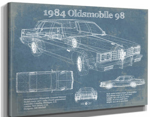 14" x 11" / Stretched Canvas Wrap Cutler West 1984 Oldsmobile 98 Vintage Blueprint Auto Print