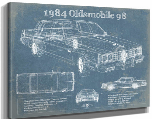 14" x 11" / Stretched Canvas Wrap Cutler West 1984 Oldsmobile 98 Vintage Blueprint Auto Print