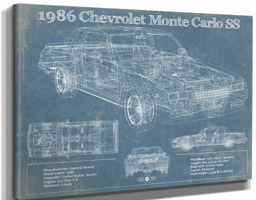 14" x 11" / Stretched Canvas Wrap Cutler West 1986 Chevrolet Monte Carlo SS Blueprint Vintage Auto Patent Print