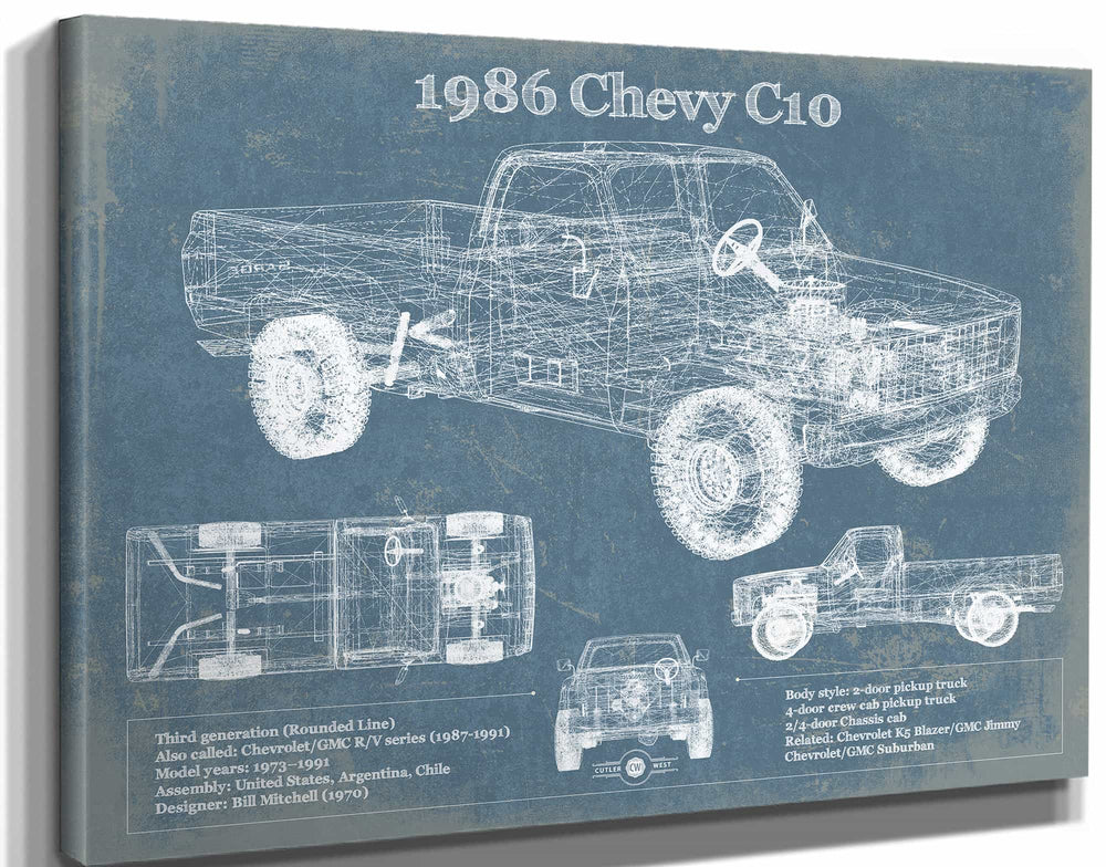 14" x 11" / Stretched Canvas Wrap Cutler West 1986 Chevy C10 Vintage Blueprint Auto Print